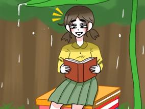 비오는날 숲속에서 책을 읽는 소녀