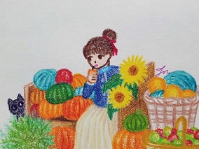 호박마을 소녀와 고양이 _ 색연필손그림 일러스트