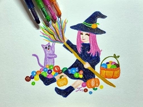 마녀소녀와 마법고양이의 해피할로윈 준비_지구색연필 손그림일러스트