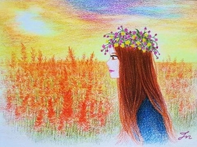 가을 하늘 소녀 감성일러스트_색연필 손그림(지구화학색연필)