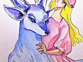 수채화 그림! 유리사슴과 소녀